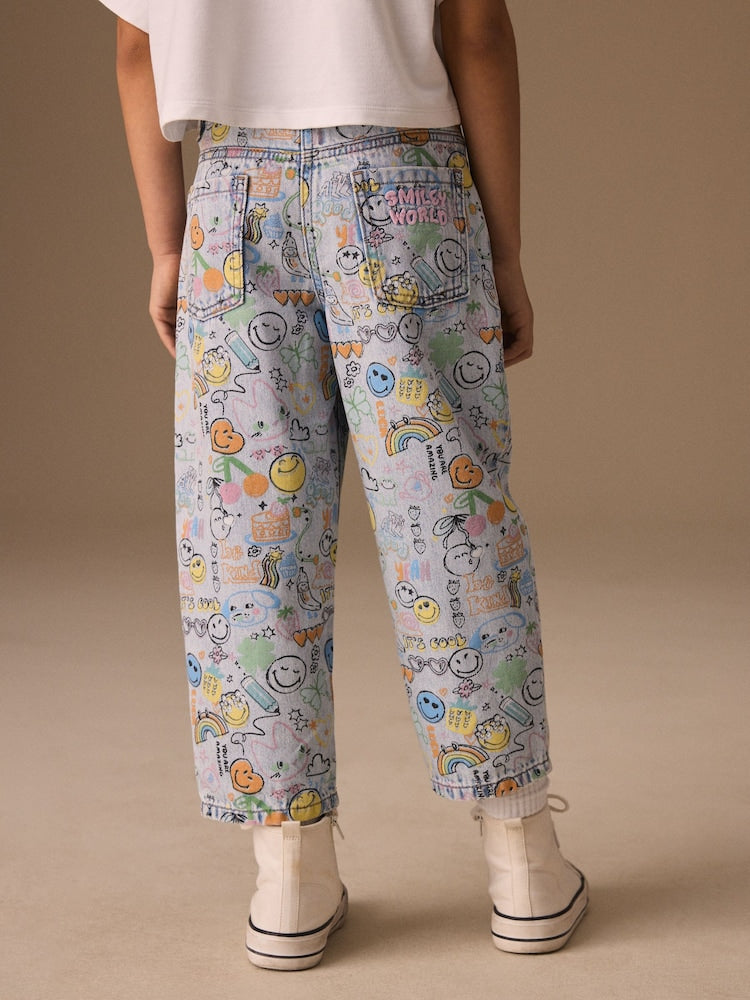 Smiley World Doodle Print Barrel Leg Jeans (3-16yrs)