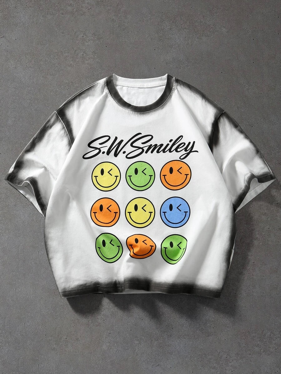 ROMWE MEN S.W.Smiley X ROMWE Men's Collaboration Hand-Painted Print Loose Drop Shoulder T-Shirt