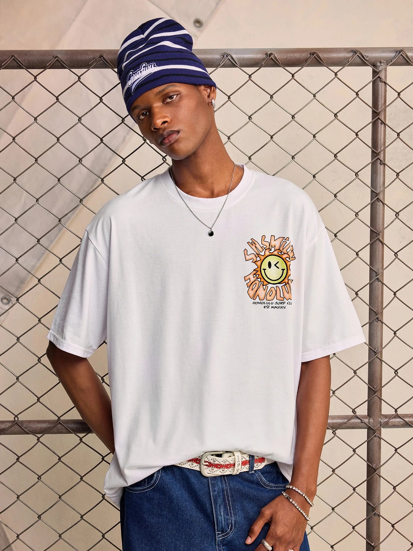 ROMWE MEN S.W.Smiley X ROMWE 2026 Summer New Men's T-Shirt IP Style Fashion Casual Graphic Print Unisex Couple Streetwear Short Sleeve Crew Neck Top