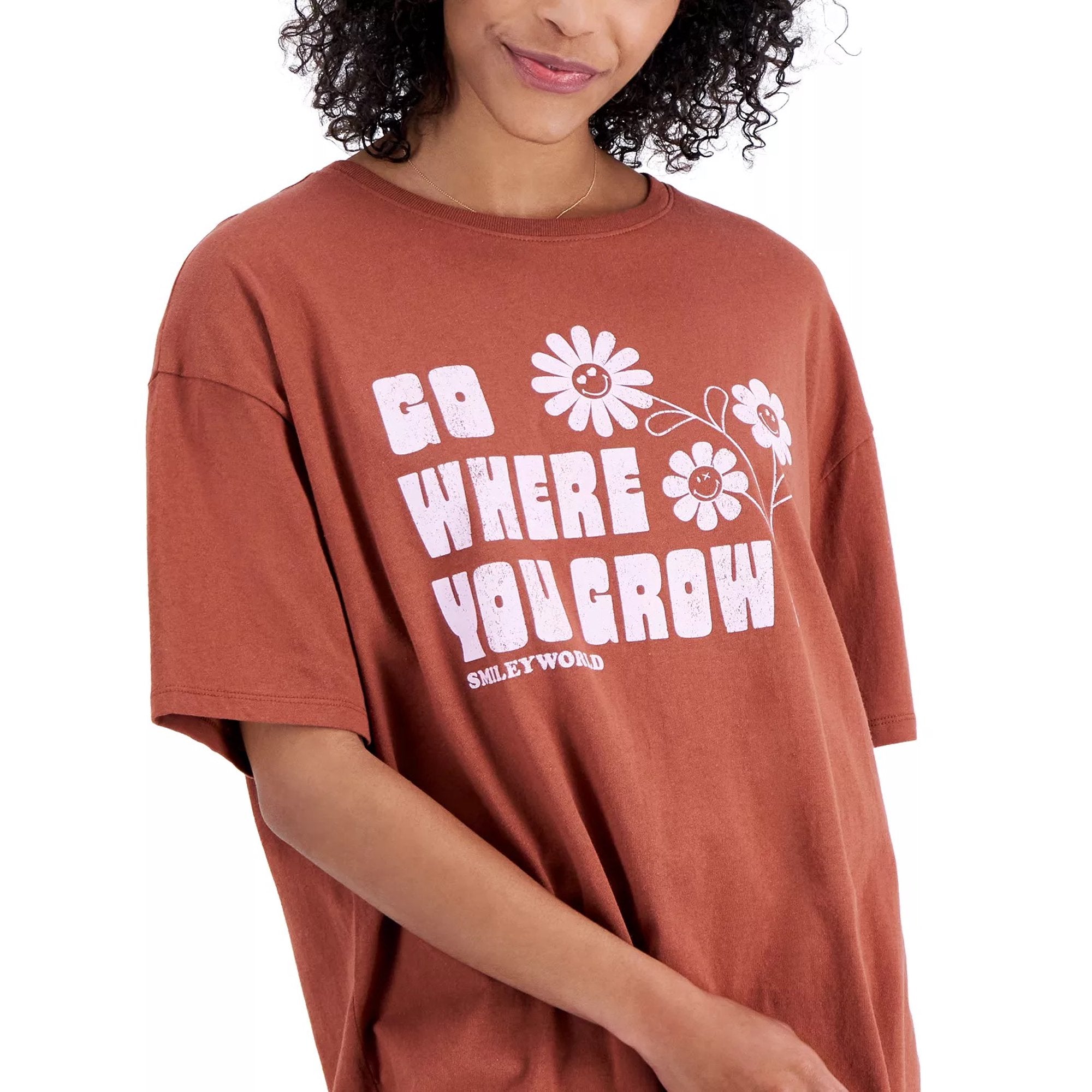 SmileyWorld Juniors’ Cotton Go Where You Grow Graphic T-Shirt, Brown, Medium