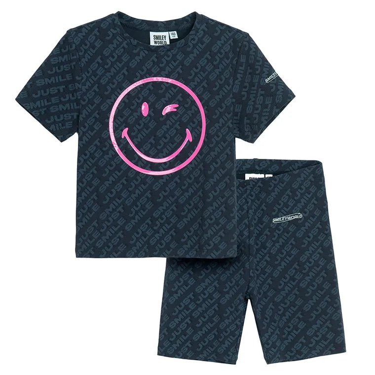 Cool Club, Girls' Set, T-shirt, Leggings, Cycling Pants, Ribbed, Black, SmileyWorld