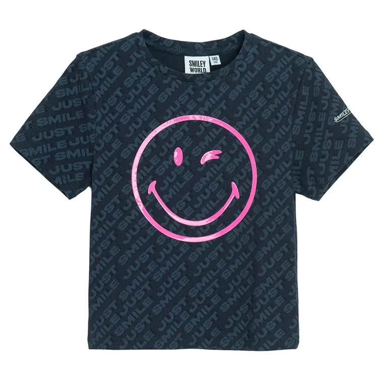 Cool Club, Girls' Set, T-shirt, Leggings, Cycling Pants, Ribbed, Black, SmileyWorld