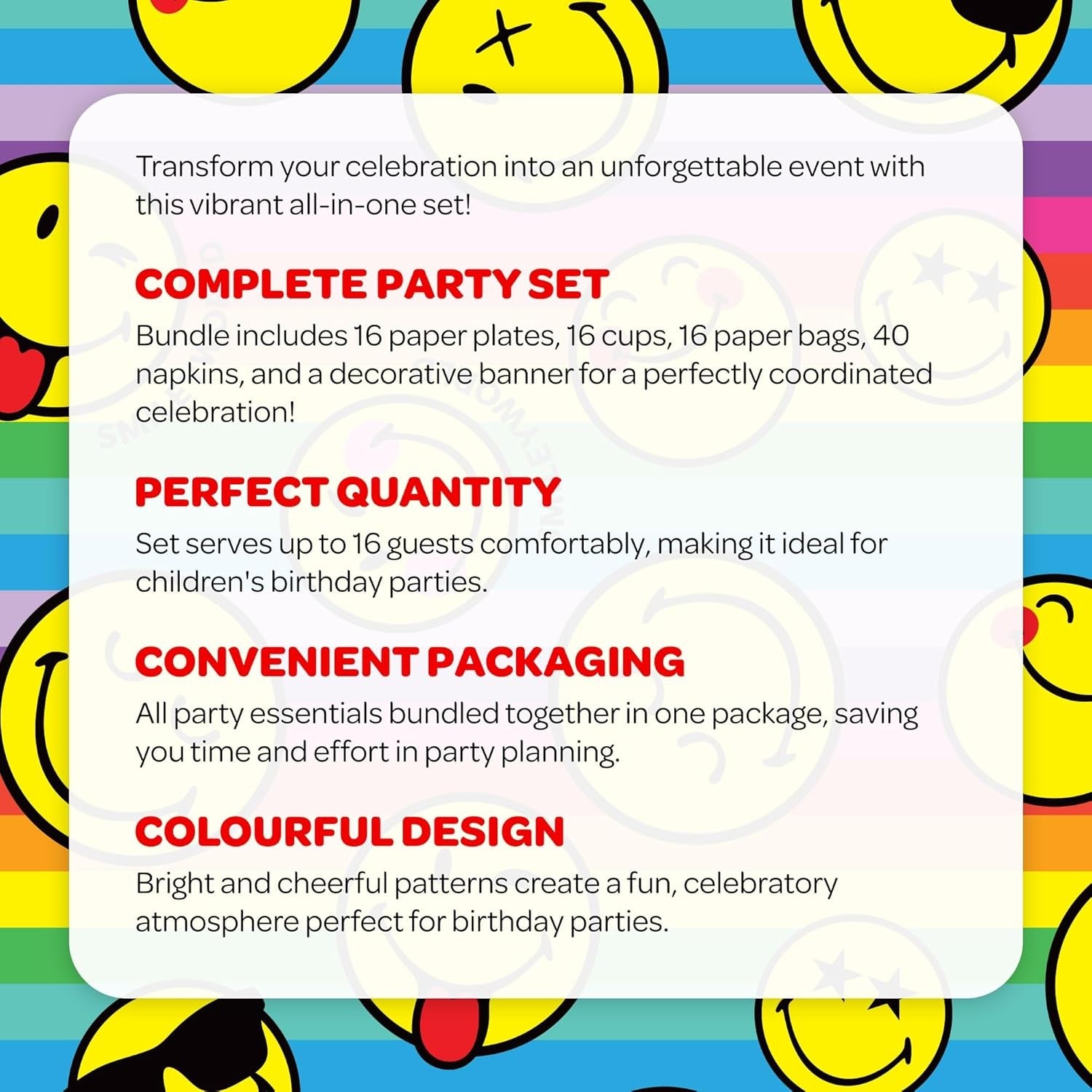 UK Greetings | Party Assortment Bundle | 16 Paper Plates & Cups, 16 Paper Bags, 40 Napkins, 1 Banner | Smiley World Design