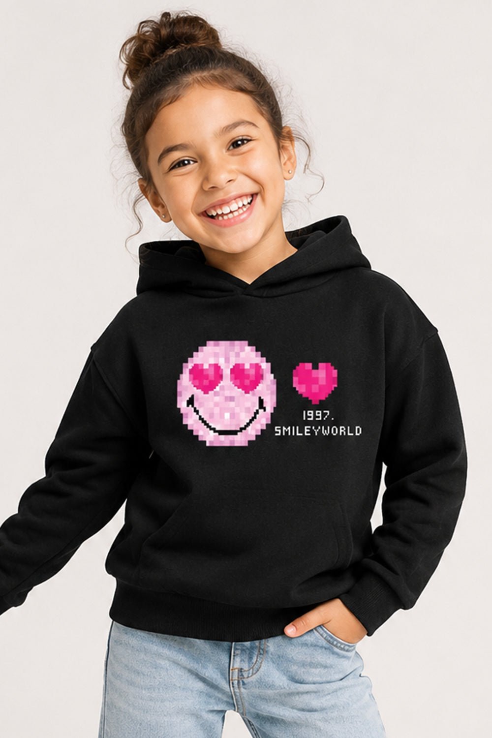 Smiley Girls Black Hoodie with Smiley Print