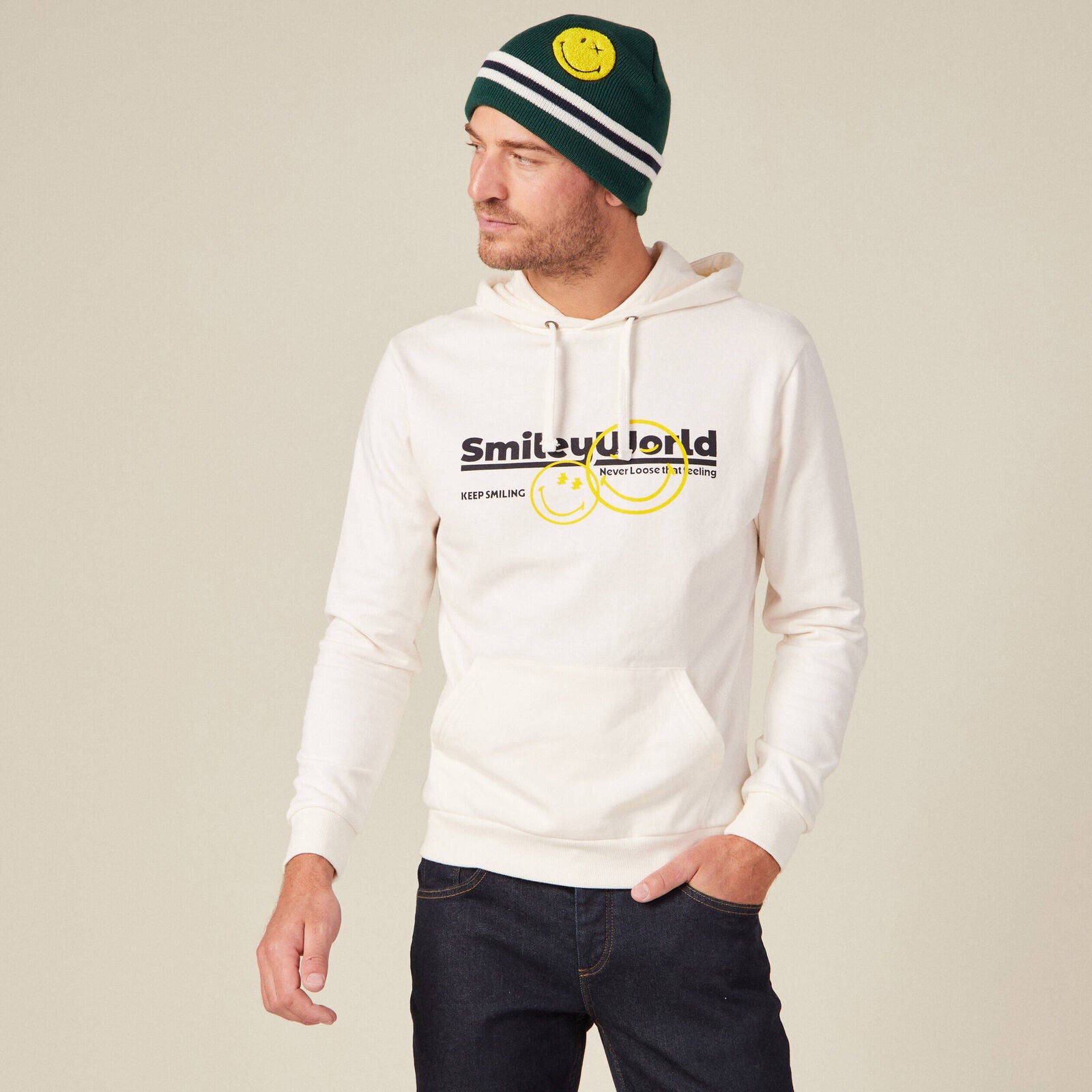 Ecrufarbener SmileyWorld-Kapuzenpullover für Herren