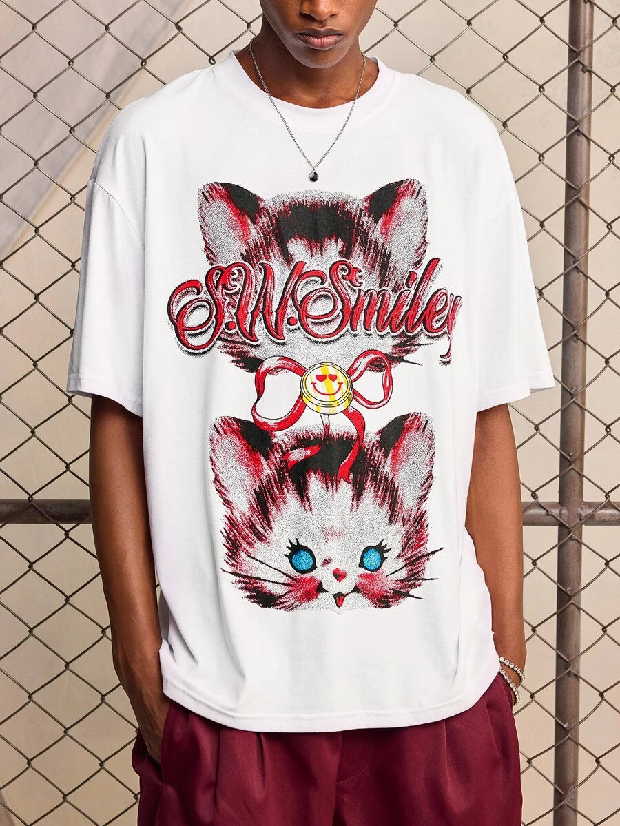 ROMWE MEN S.W.Smiley X ROMWE Men's Anime Print Short Sleeve T-Shirt, Suitable For Spring And Summer