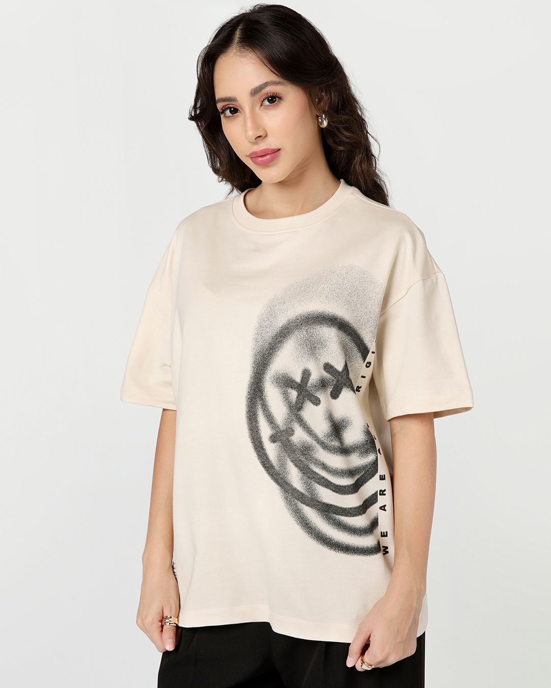 S.W. Smiley Women's Beige Smiley Graphic Printed Oversized T-shirt