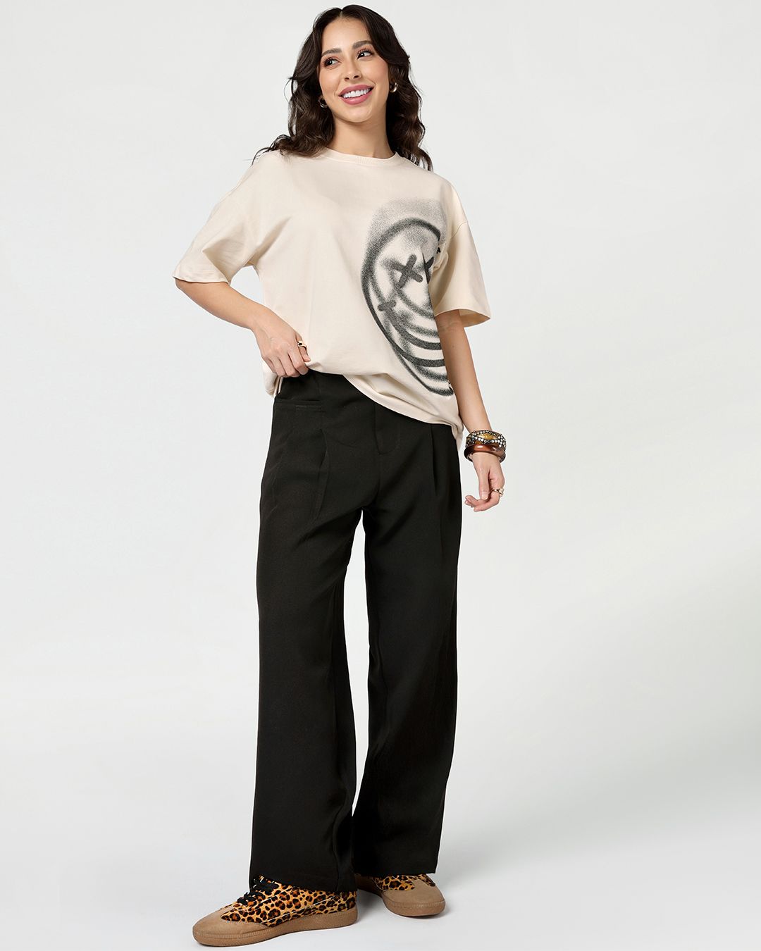 S.W. Smiley Women's Beige Smiley Graphic Printed Oversized T-shirt