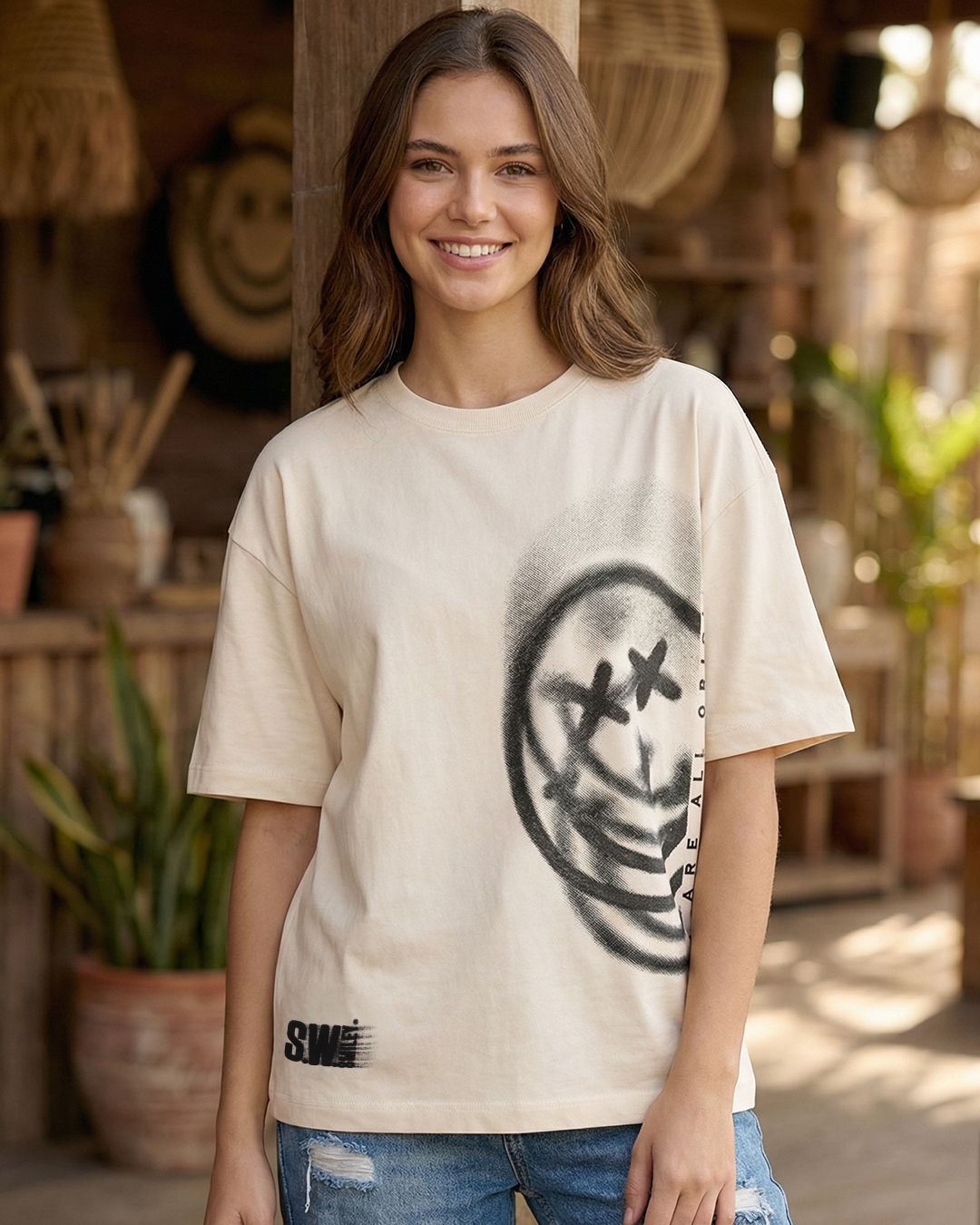 S.W. Smiley Women's Beige Smiley Graphic Printed Oversized T-shirt