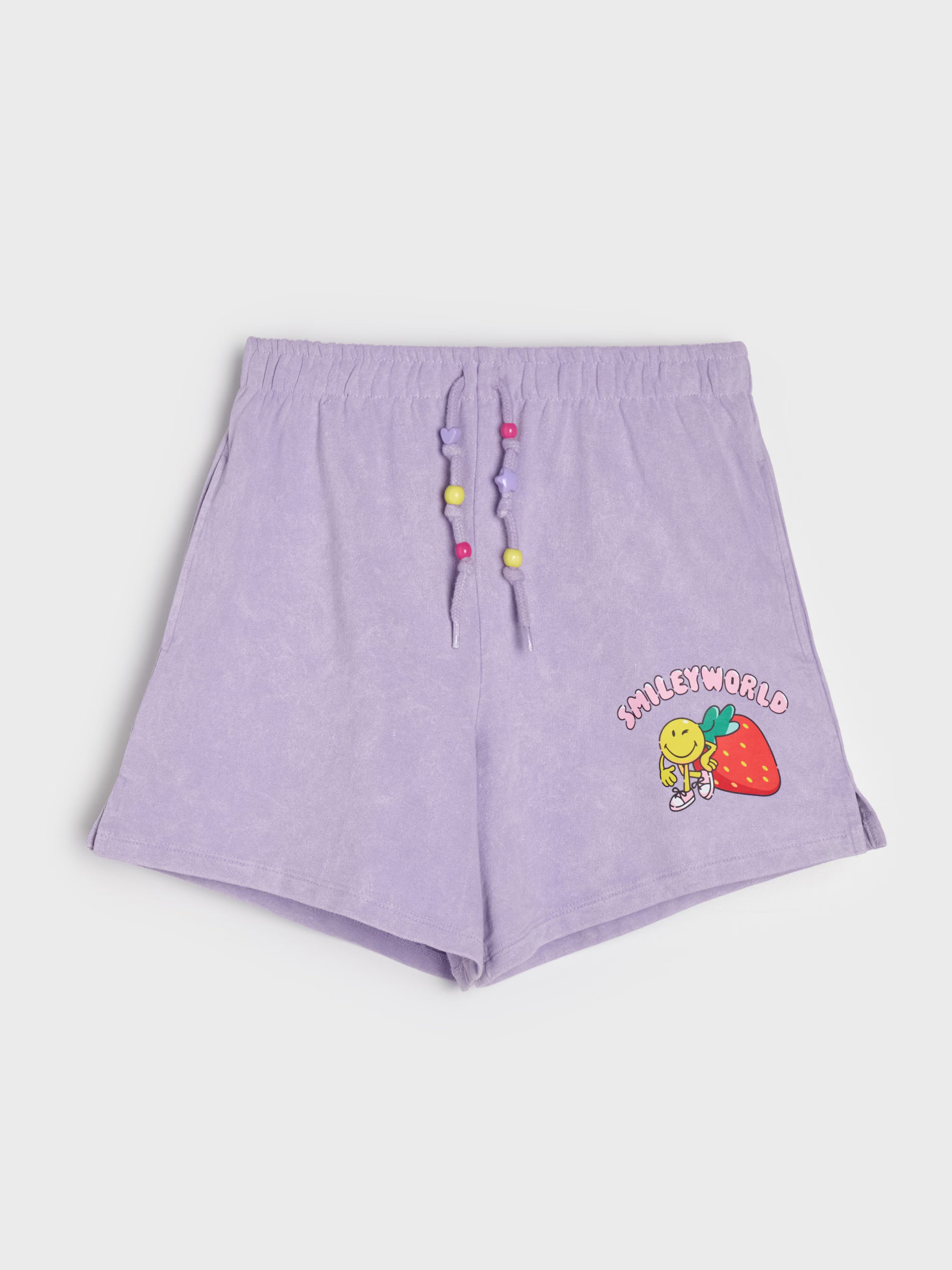 SmileyWorld® printed sweat shorts with decorative tie detail