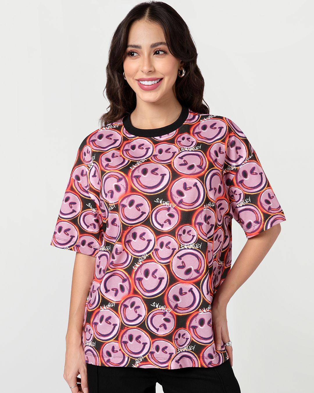 S.W.Smiley Women's Pink & Brown All Over Printed Oversized T-shirt