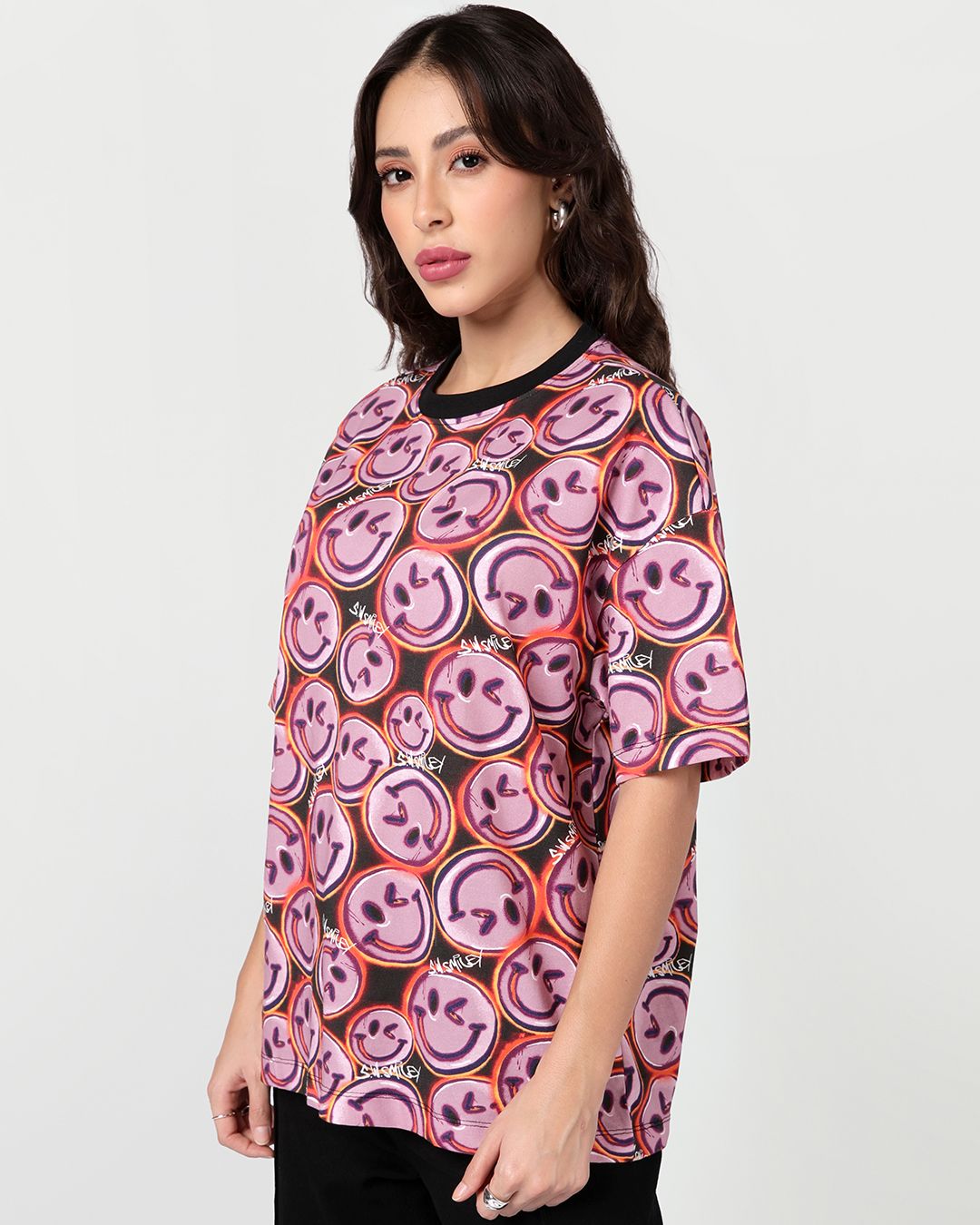 S.W.Smiley Women's Pink & Brown All Over Printed Oversized T-shirt