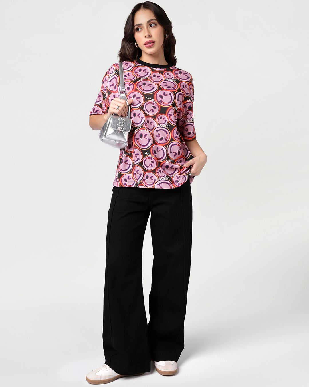 S.W.Smiley Women's Pink & Brown All Over Printed Oversized T-shirt