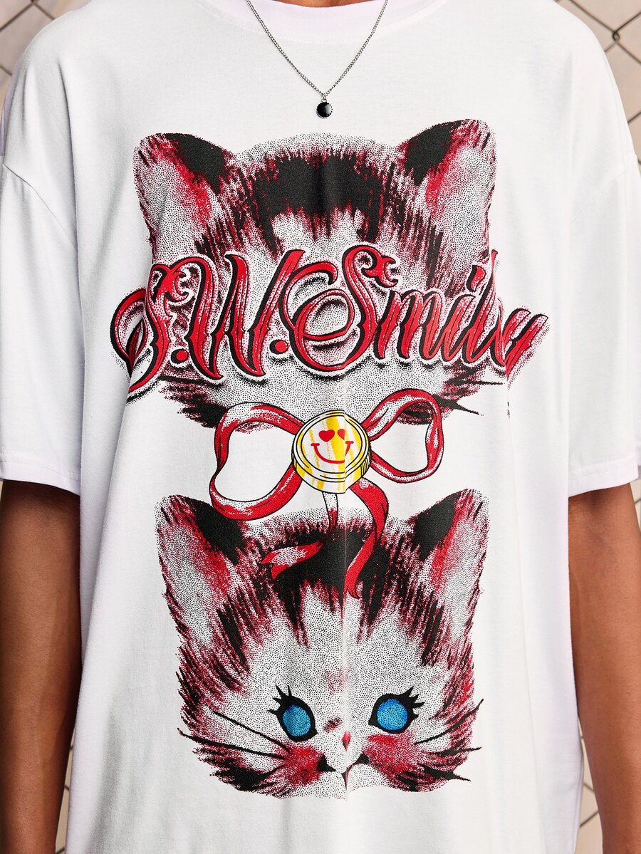 ROMWE MEN S.W.Smiley X ROMWE Men's Anime Print Short Sleeve T-Shirt, Suitable For Spring And Summer