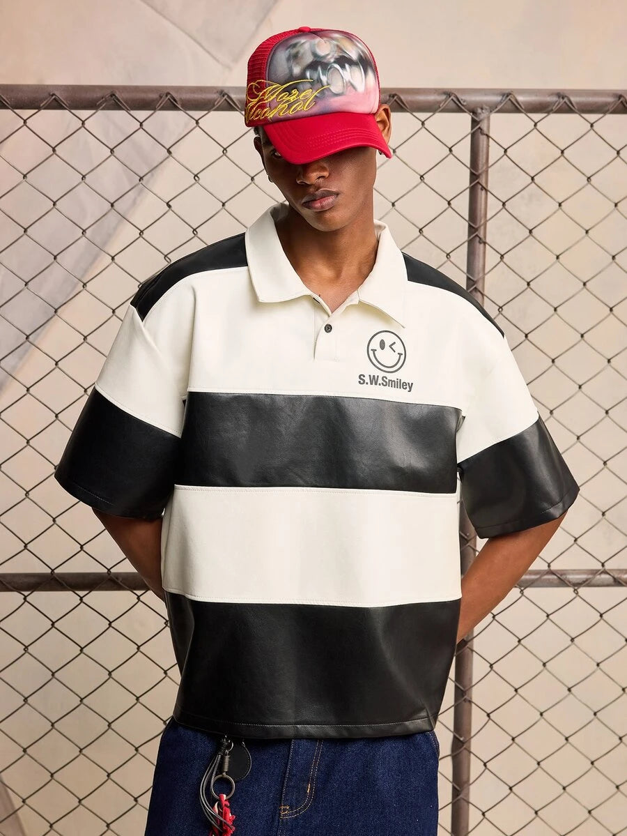ROMWE MEN S.W.Smiley X ROMWE Men's Short Sleeve S.W. Collaboration PU Patchwork Polo Shirt