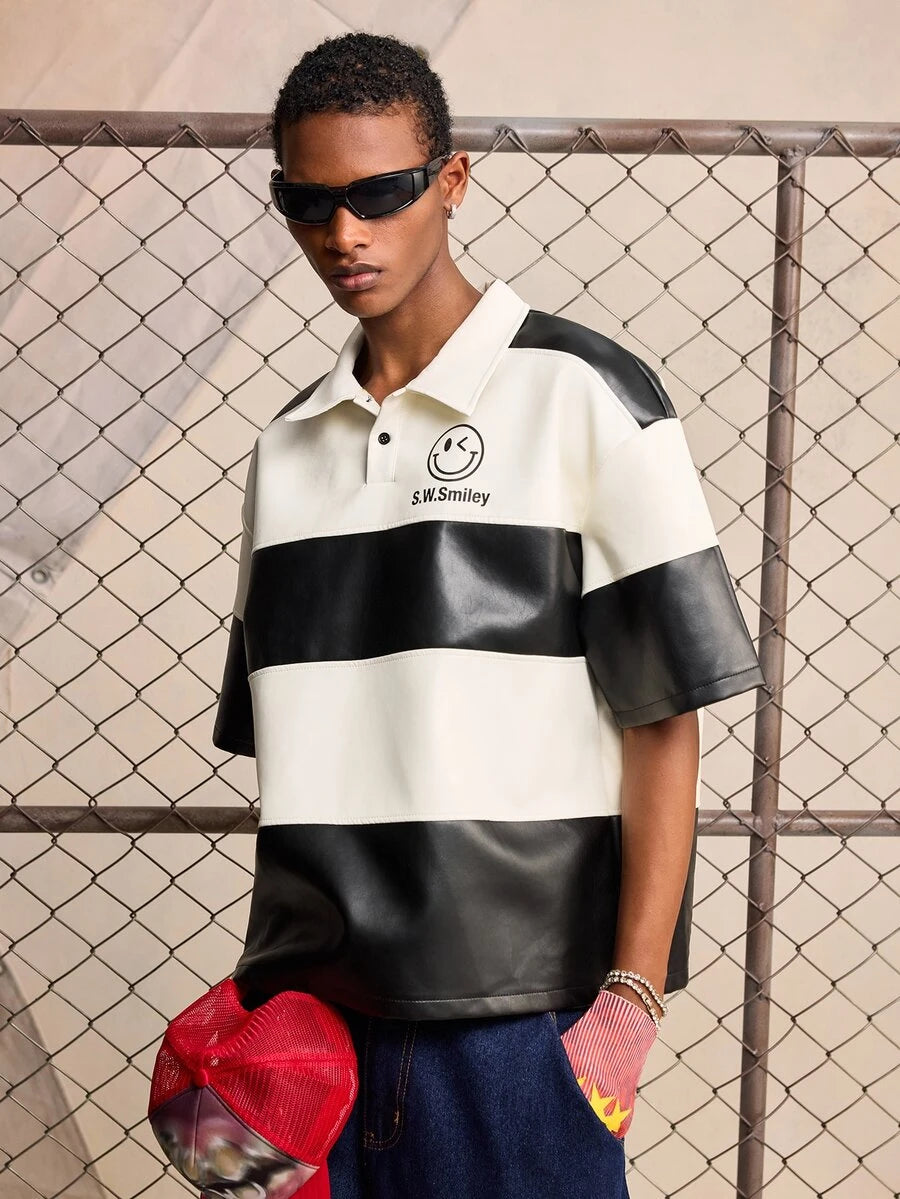 ROMWE MEN S.W.Smiley X ROMWE Men's Short Sleeve S.W. Collaboration PU Patchwork Polo Shirt