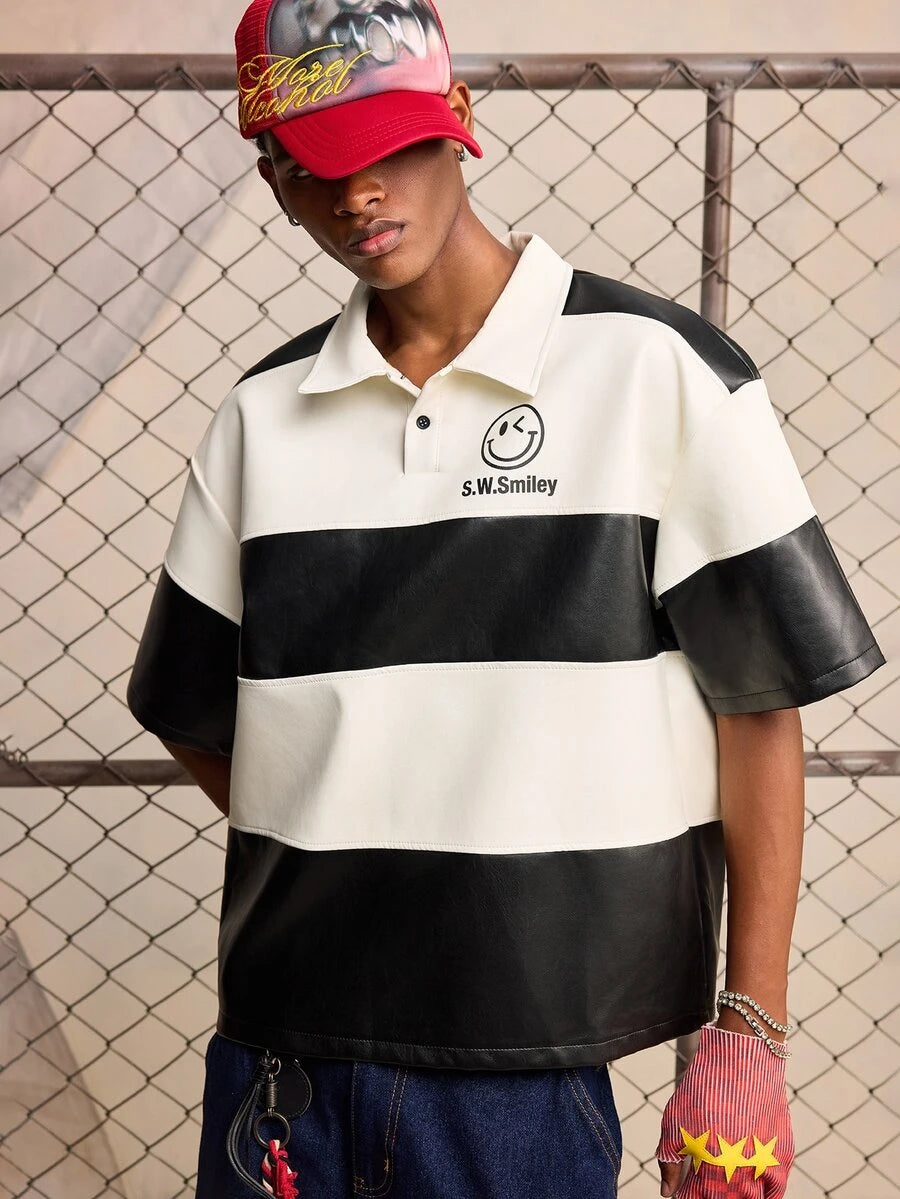 ROMWE MEN S.W.Smiley X ROMWE Men's Short Sleeve S.W. Collaboration PU Patchwork Polo Shirt