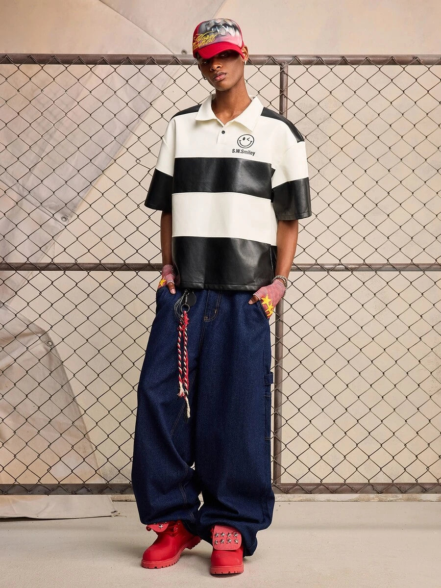 ROMWE MEN S.W.Smiley X ROMWE Men's Short Sleeve S.W. Collaboration PU Patchwork Polo Shirt