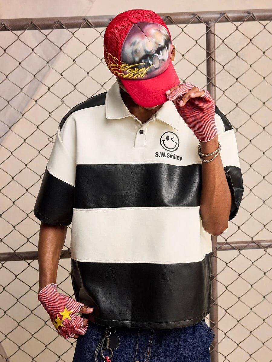 ROMWE MEN S.W.Smiley X ROMWE Men's Short Sleeve S.W. Collaboration PU Patchwork Polo Shirt