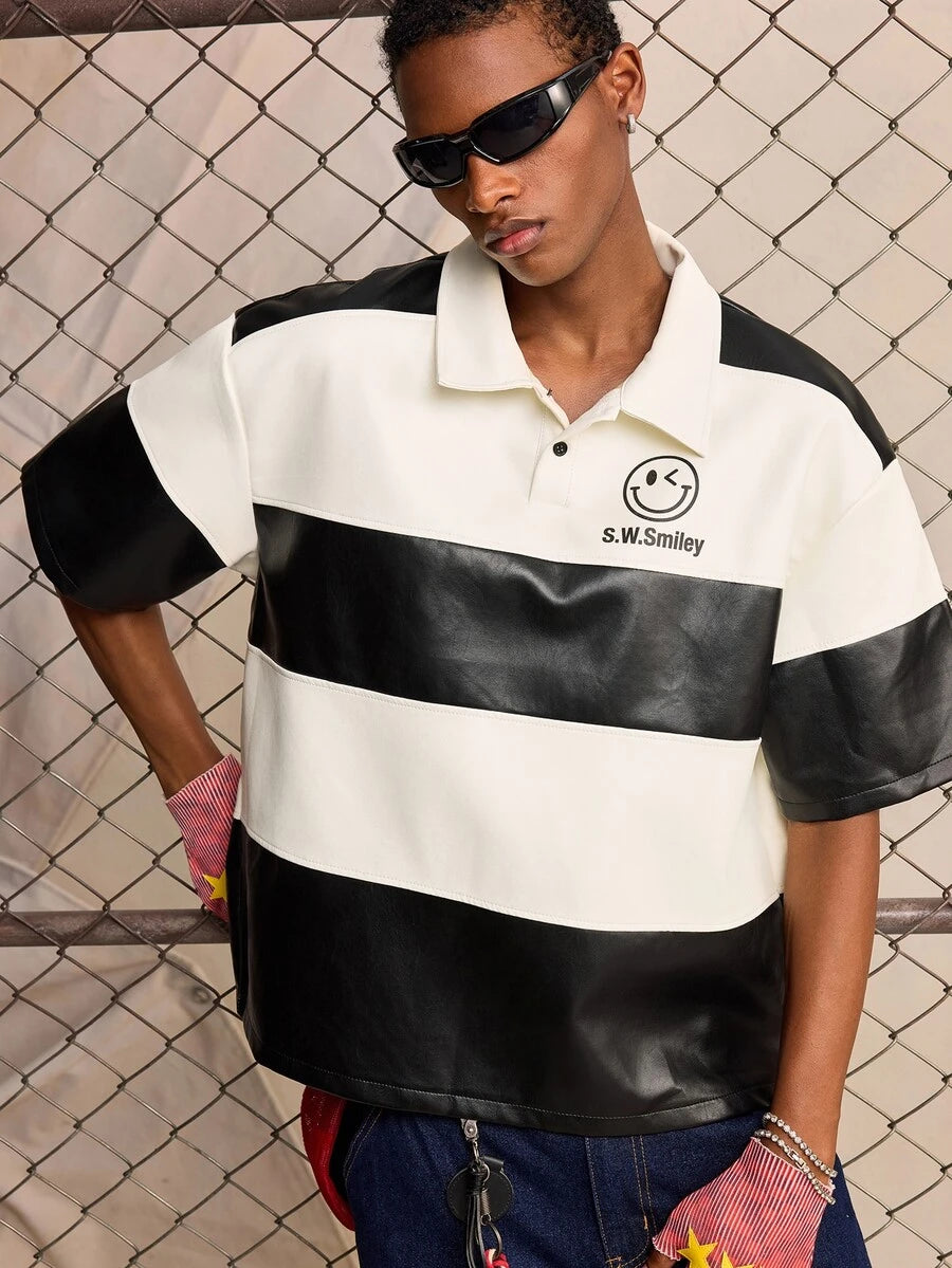 ROMWE MEN S.W.Smiley X ROMWE Men's Short Sleeve S.W. Collaboration PU Patchwork Polo Shirt