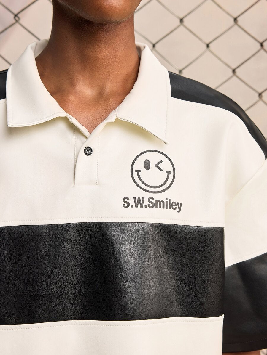ROMWE MEN S.W.Smiley X ROMWE Men's Short Sleeve S.W. Collaboration PU Patchwork Polo Shirt