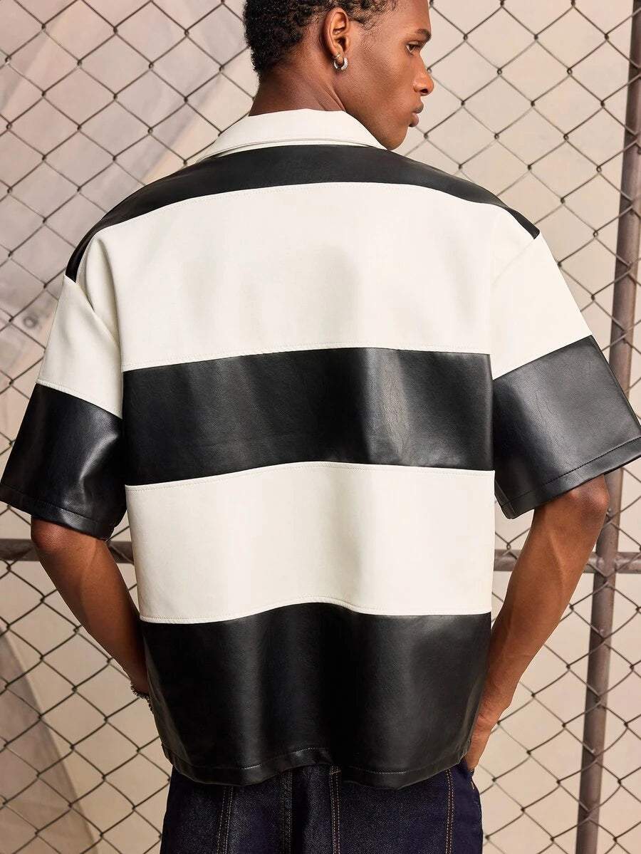 ROMWE MEN S.W.Smiley X ROMWE Men's Short Sleeve S.W. Collaboration PU Patchwork Polo Shirt