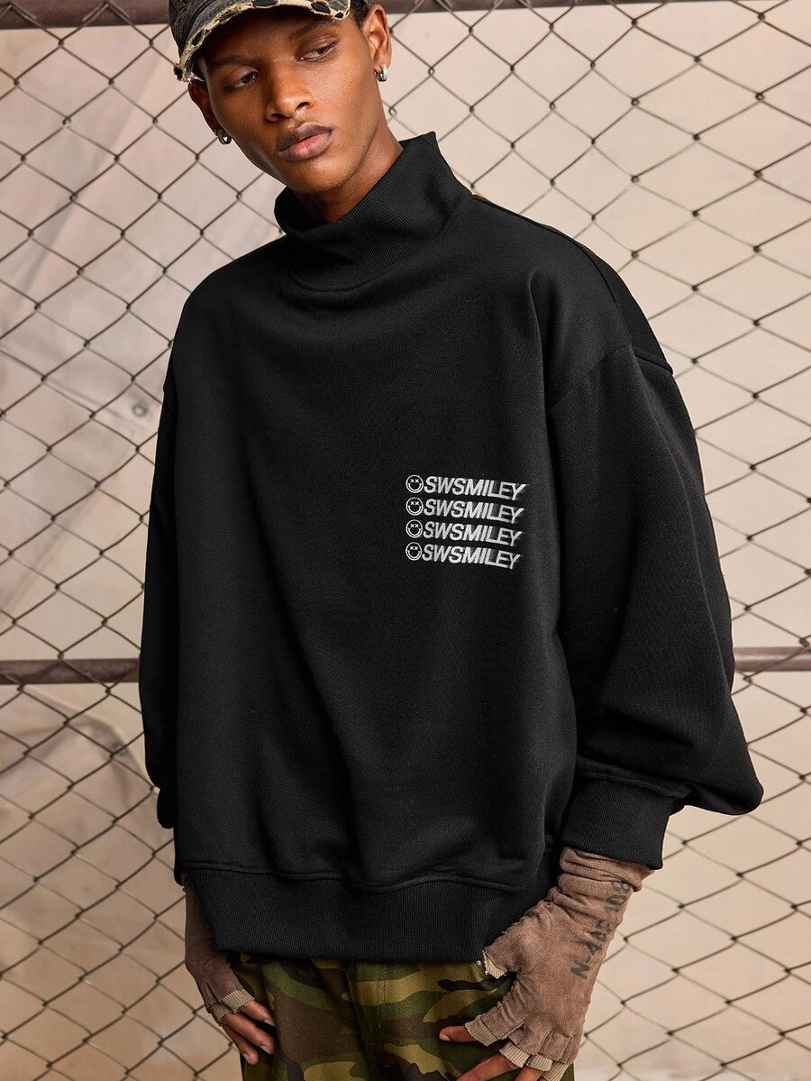 ROMWE MEN S.W.Smiley X ROMWE Men's Letter Print Long Sleeve Casual T-Shirt