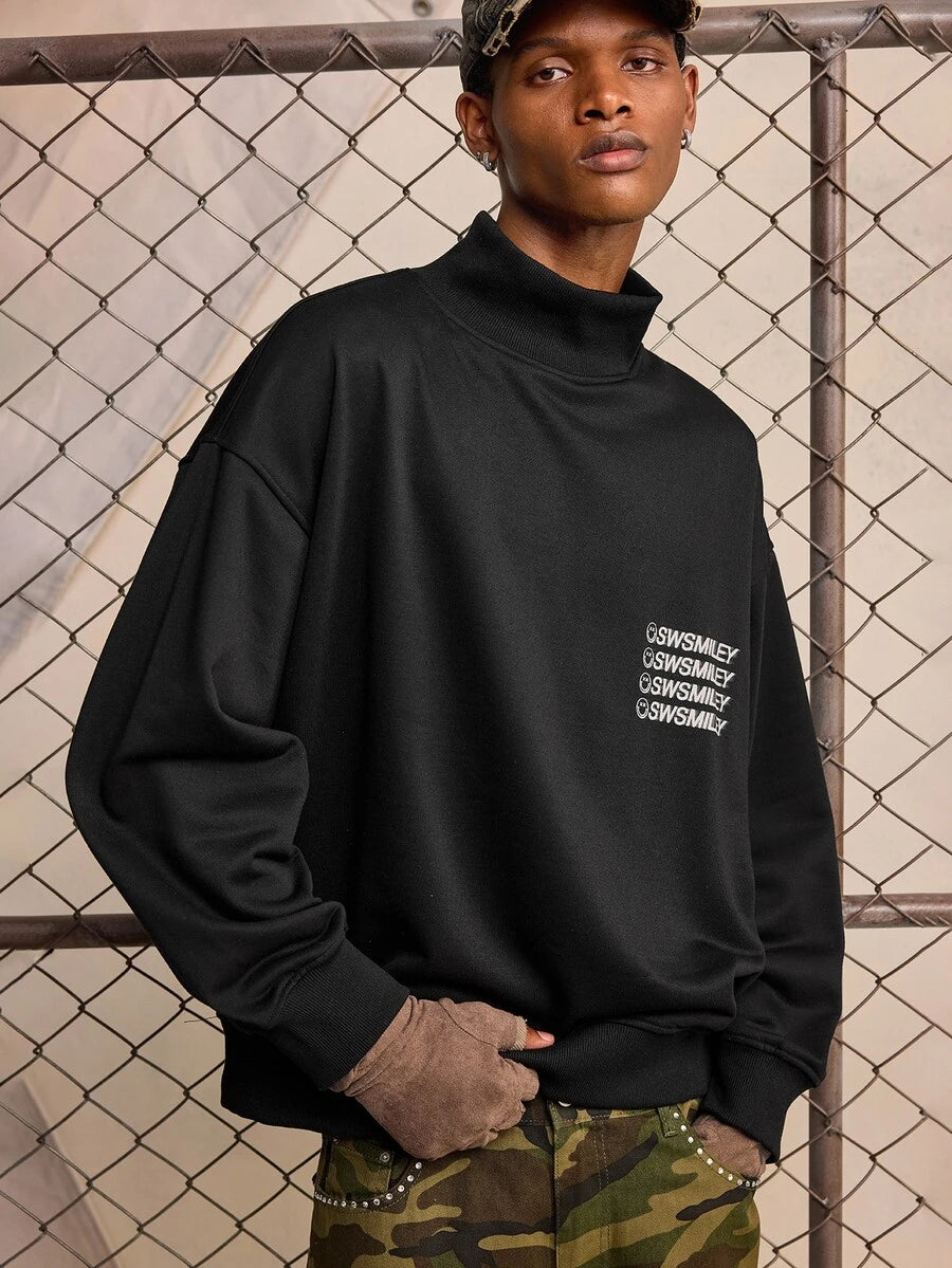 ROMWE MEN S.W.Smiley X ROMWE Men's Letter Print Long Sleeve Casual T-Shirt