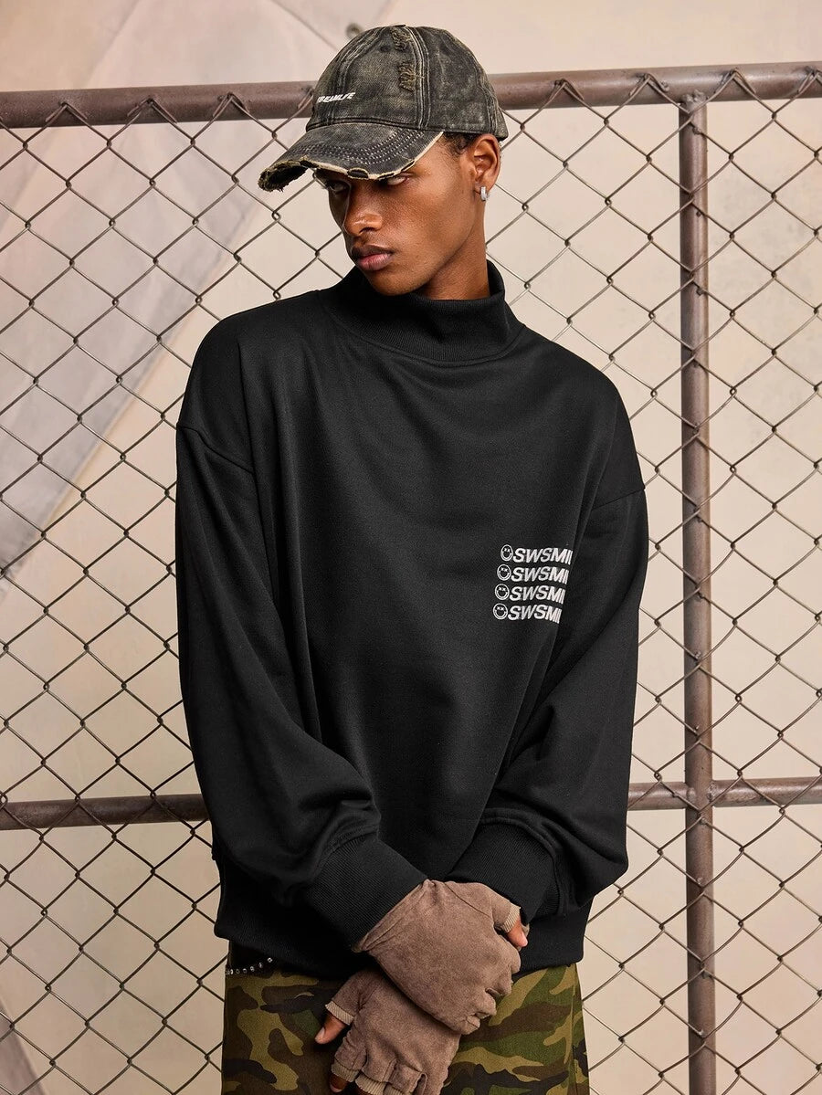 ROMWE MEN S.W.Smiley X ROMWE Men's Letter Print Long Sleeve Casual T-Shirt