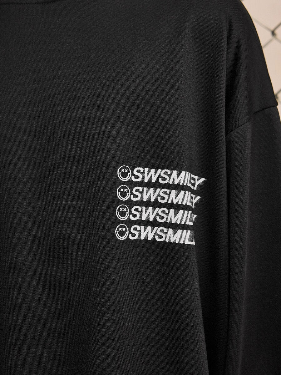 ROMWE MEN S.W.Smiley X ROMWE Men's Letter Print Long Sleeve Casual T-Shirt