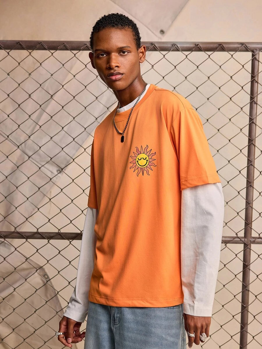ROMWE MEN S.W.Smiley X ROMWE Men's Crew Neck Printed Fashion Short Sleeve T-Shirt