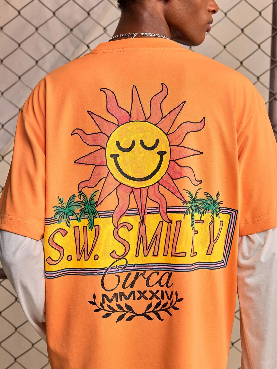 ROMWE MEN S.W.Smiley X ROMWE Men's Crew Neck Printed Fashion Short Sleeve T-Shirt