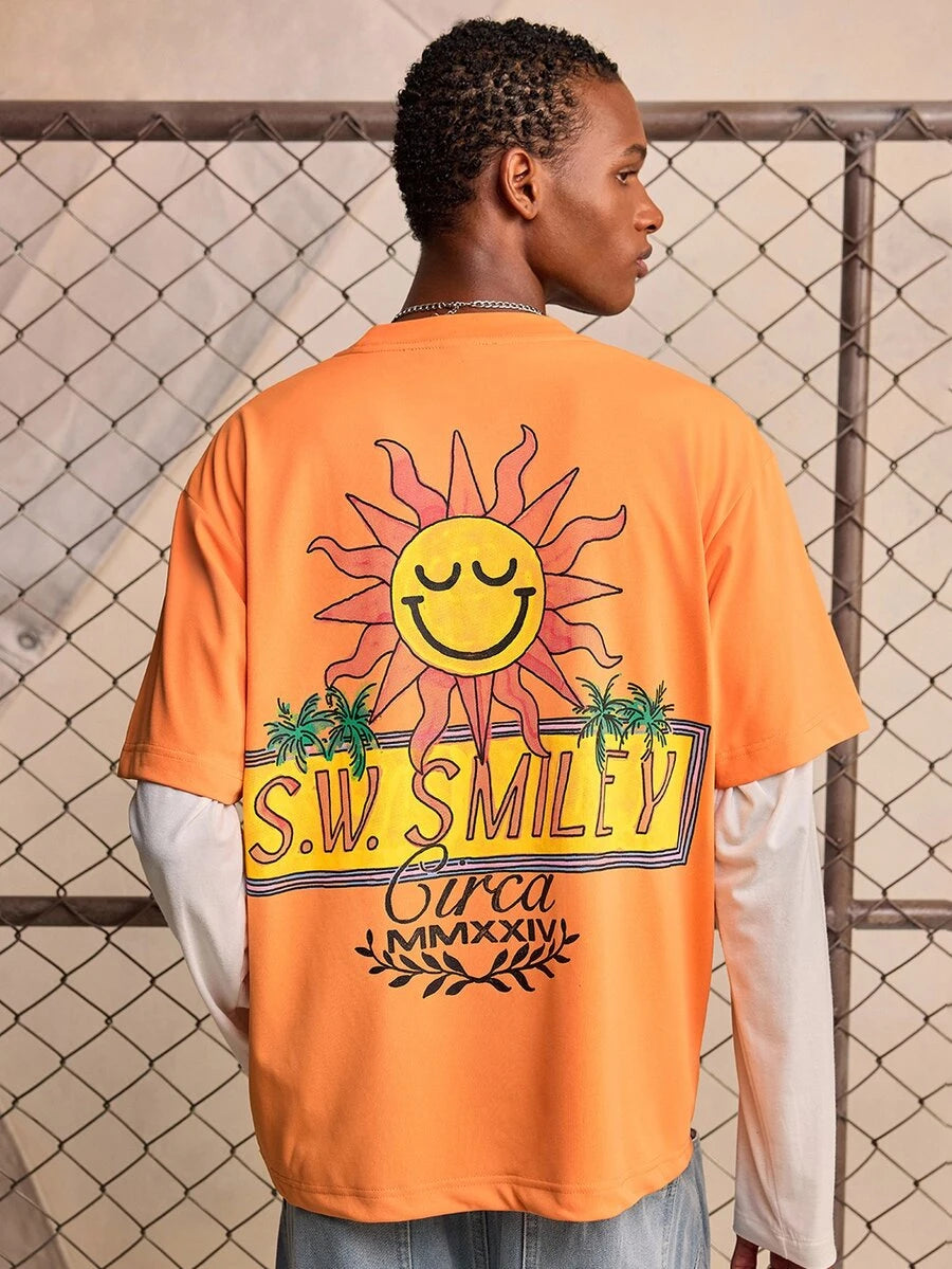 ROMWE MEN S.W.Smiley X ROMWE Men's Crew Neck Printed Fashion Short Sleeve T-Shirt