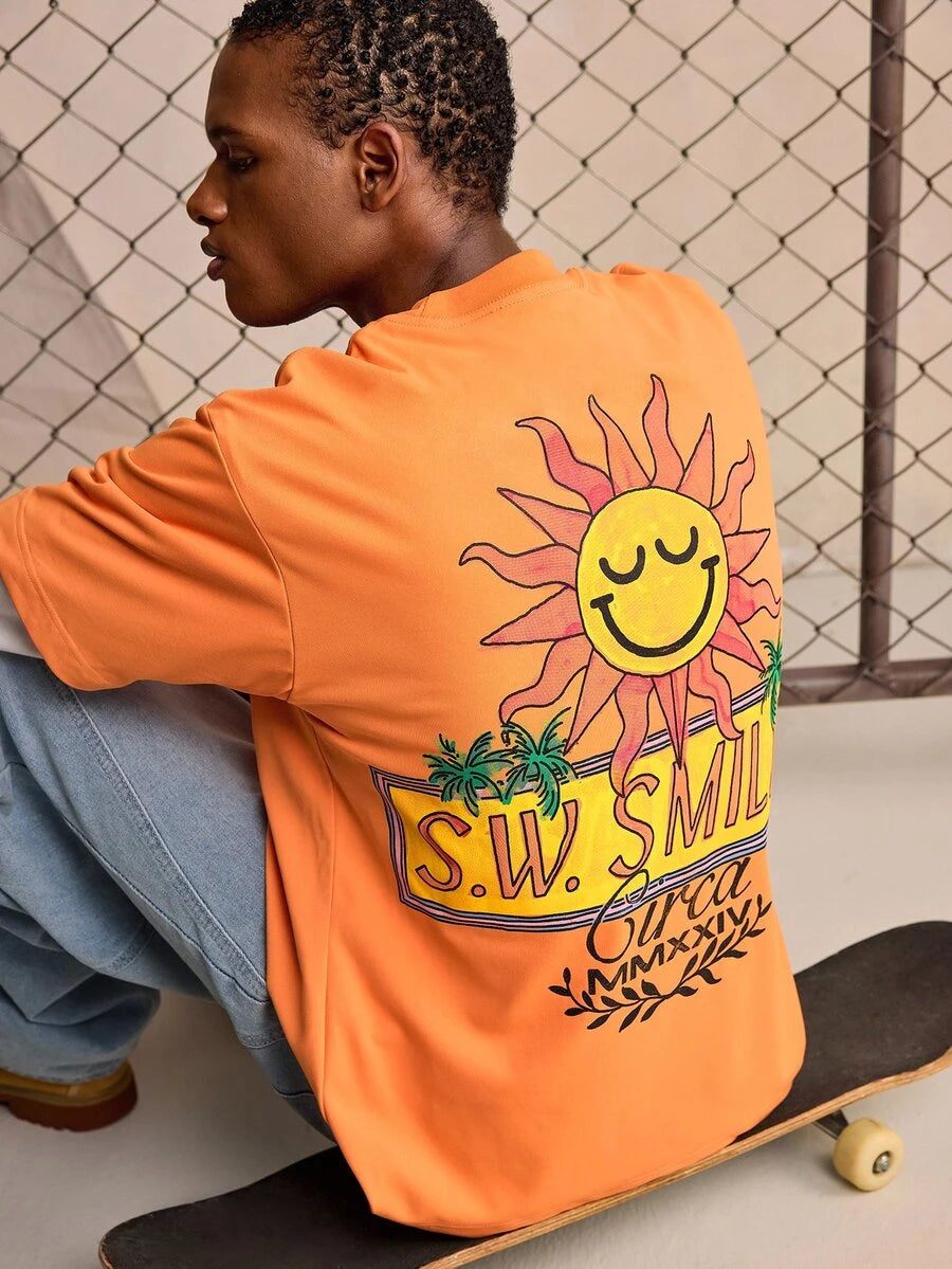 ROMWE MEN S.W.Smiley X ROMWE Men's Crew Neck Printed Fashion Short Sleeve T-Shirt