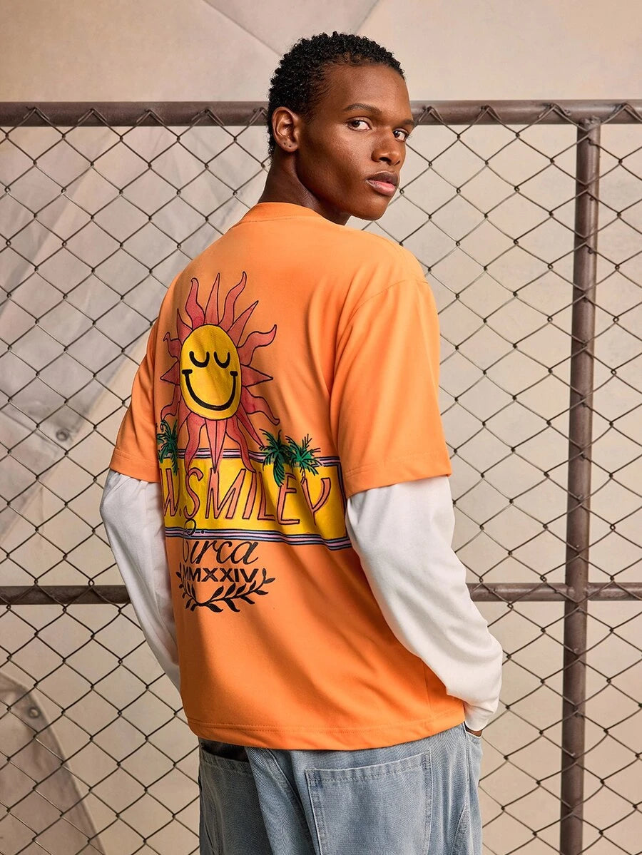 ROMWE MEN S.W.Smiley X ROMWE Men's Crew Neck Printed Fashion Short Sleeve T-Shirt