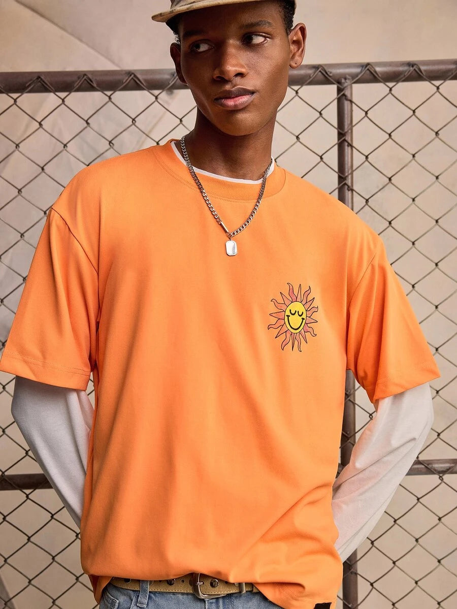 ROMWE MEN S.W.Smiley X ROMWE Men's Crew Neck Printed Fashion Short Sleeve T-Shirt