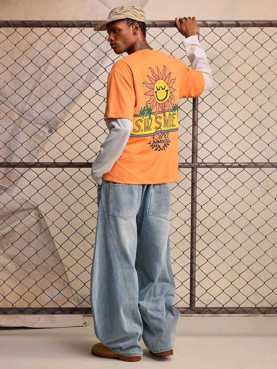 ROMWE MEN S.W.Smiley X ROMWE Men's Crew Neck Printed Fashion Short Sleeve T-Shirt