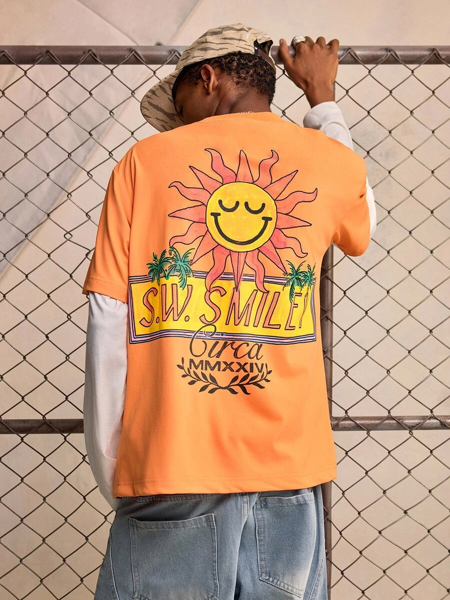ROMWE MEN S.W.Smiley X ROMWE Men's Crew Neck Printed Fashion Short Sleeve T-Shirt