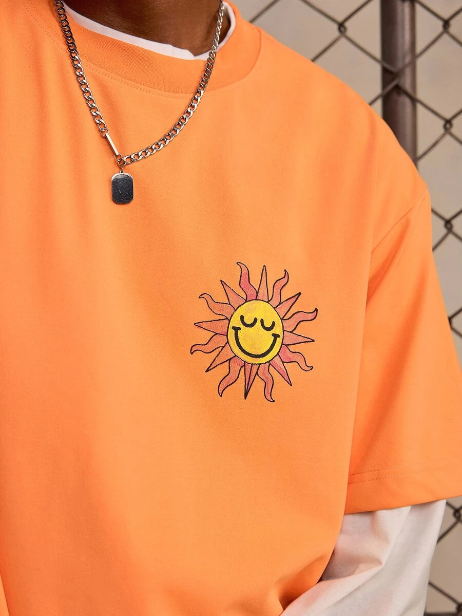 ROMWE MEN S.W.Smiley X ROMWE Men's Crew Neck Printed Fashion Short Sleeve T-Shirt