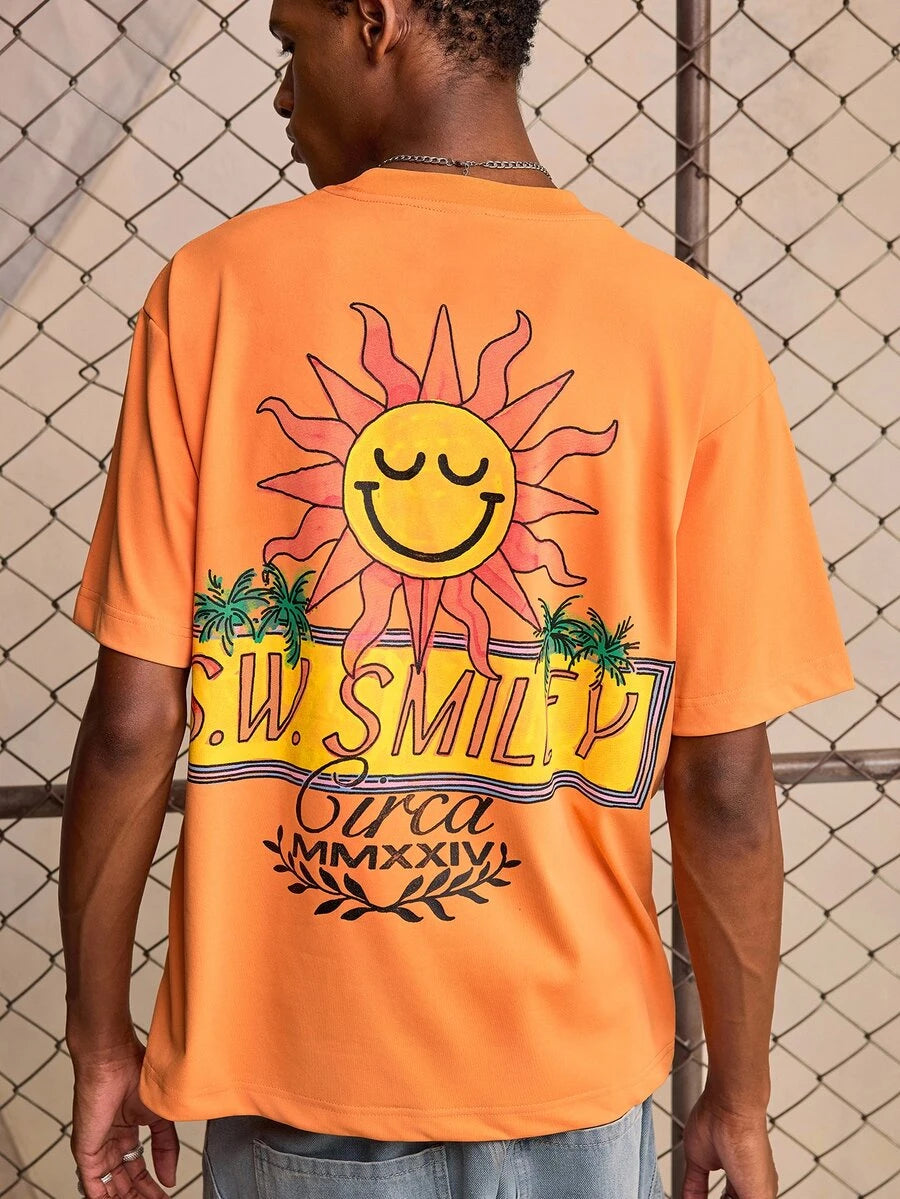 ROMWE MEN S.W.Smiley X ROMWE Men's Crew Neck Printed Fashion Short Sleeve T-Shirt