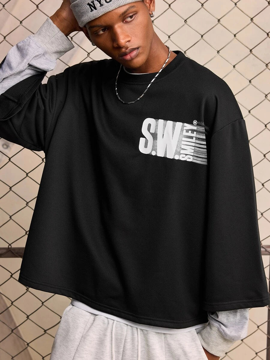 ROMWE MEN S.W.Smiley X ROMWE 2026 Spring/Summer New Smiling Face IP Pattern Men's 3/4 Sleeve Top, Unisex Couple Style Women's Casual Fashion Streetwear Crew Neck Top