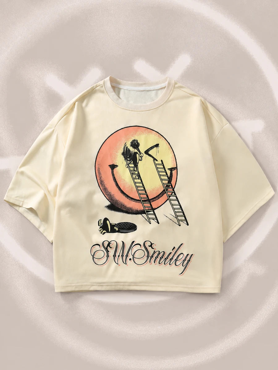ROMWE MEN S.W.Smiley X ROMWE Men's Round Neck Short Sleeve Cartoon Graphic Casual T-Shirt