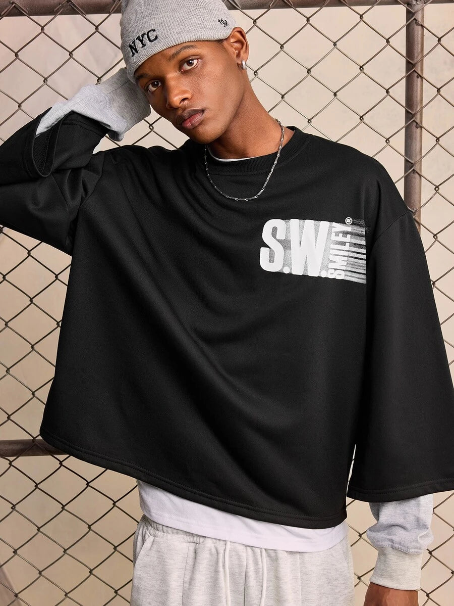 ROMWE MEN S.W.Smiley X ROMWE 2026 Spring/Summer New Smiling Face IP Pattern Men's 3/4 Sleeve Top, Unisex Couple Style Women's Casual Fashion Streetwear Crew Neck Top