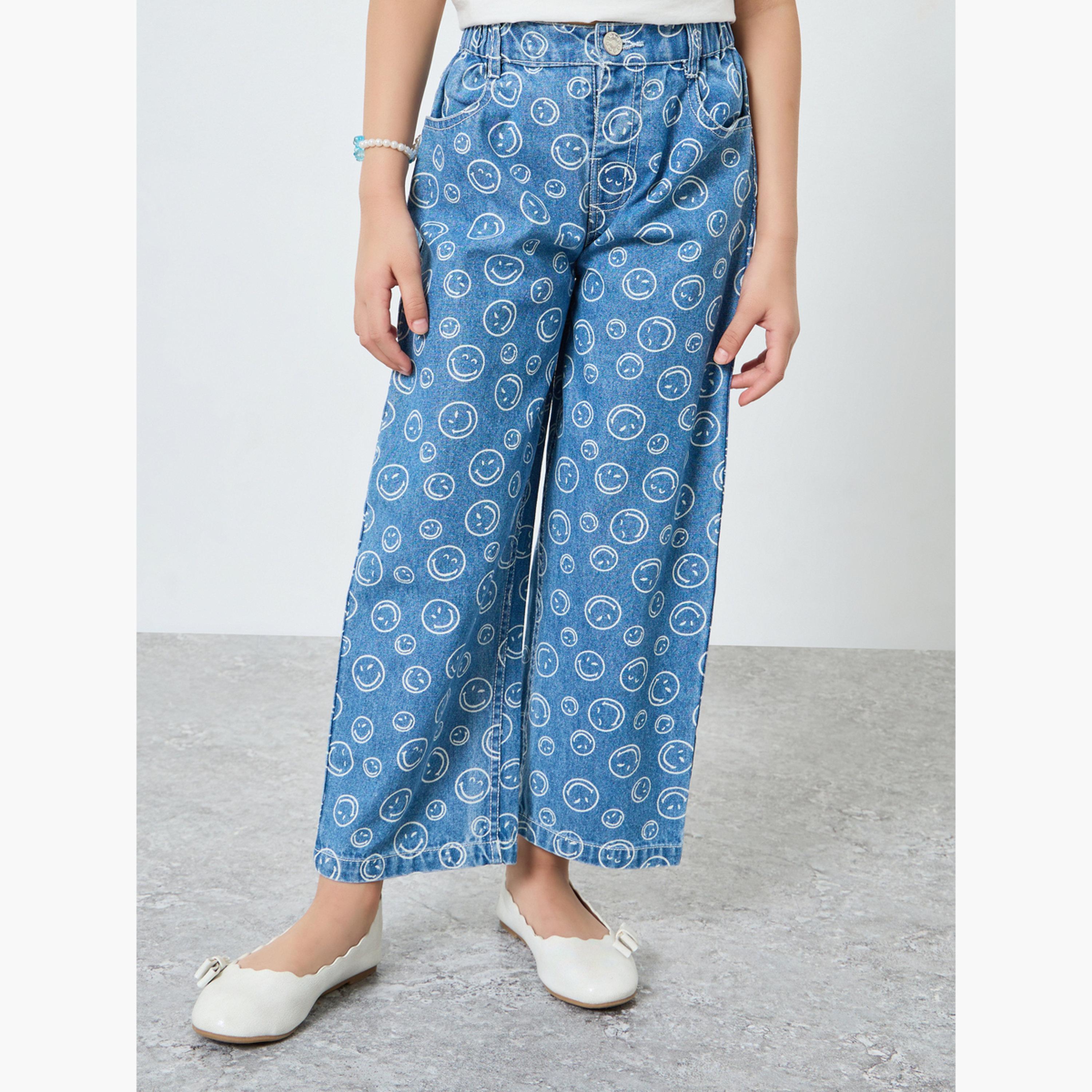 Styli Girls Blue SmileyWorld Face Print Wide Leg Jeans