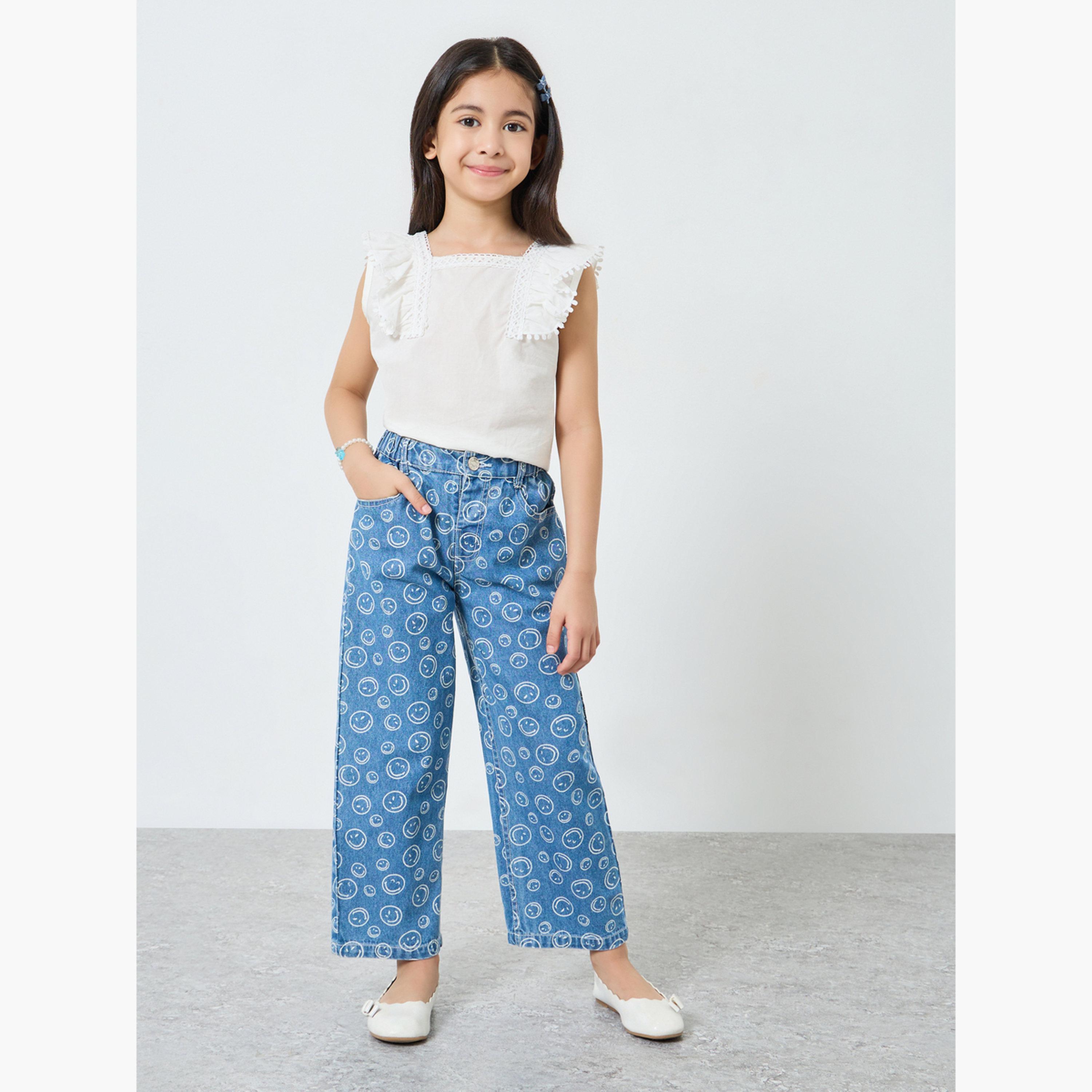 Styli Girls Blue SmileyWorld Face Print Wide Leg Jeans