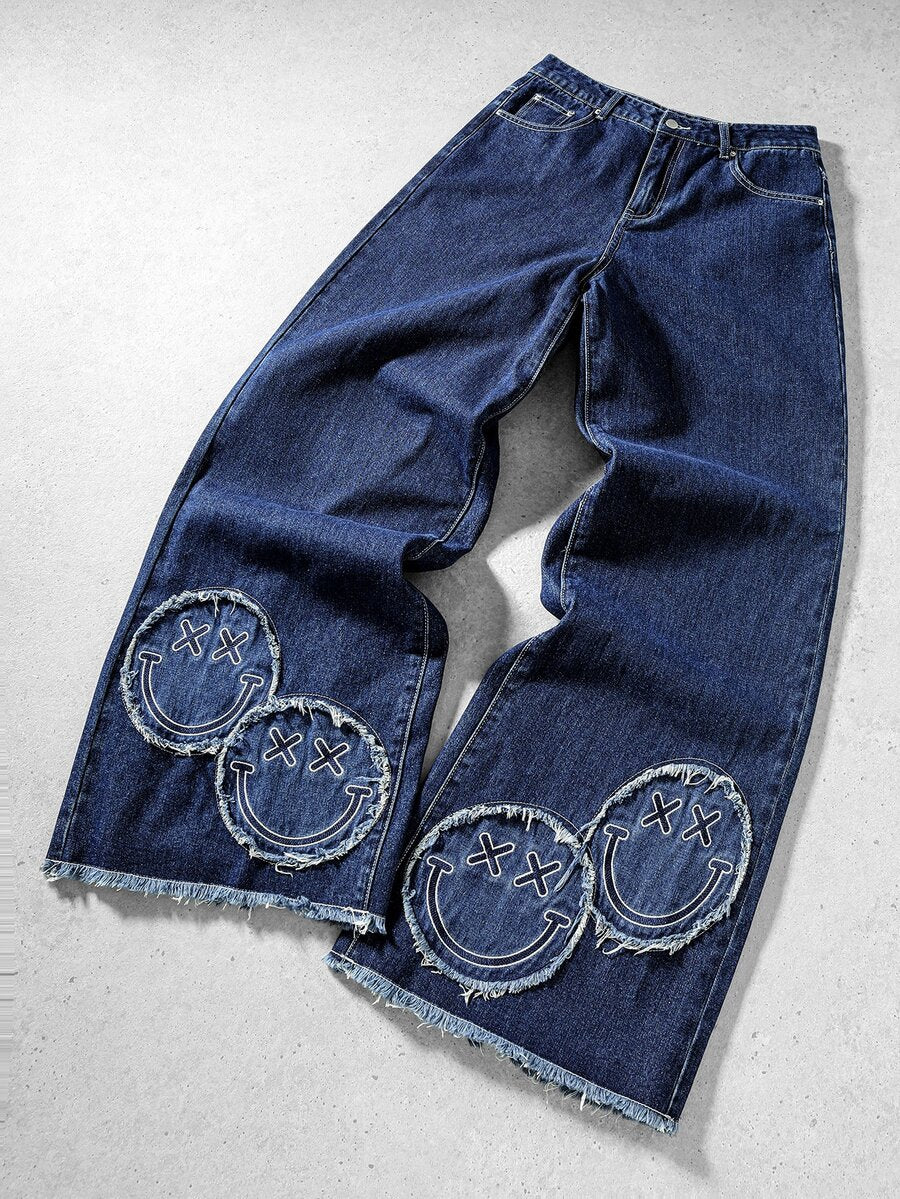 ROMWE MEN S.W.Smiley X ROMWE Men's Letter Pattern Pocket Frayed Hem Loose Casual Denim Jeans