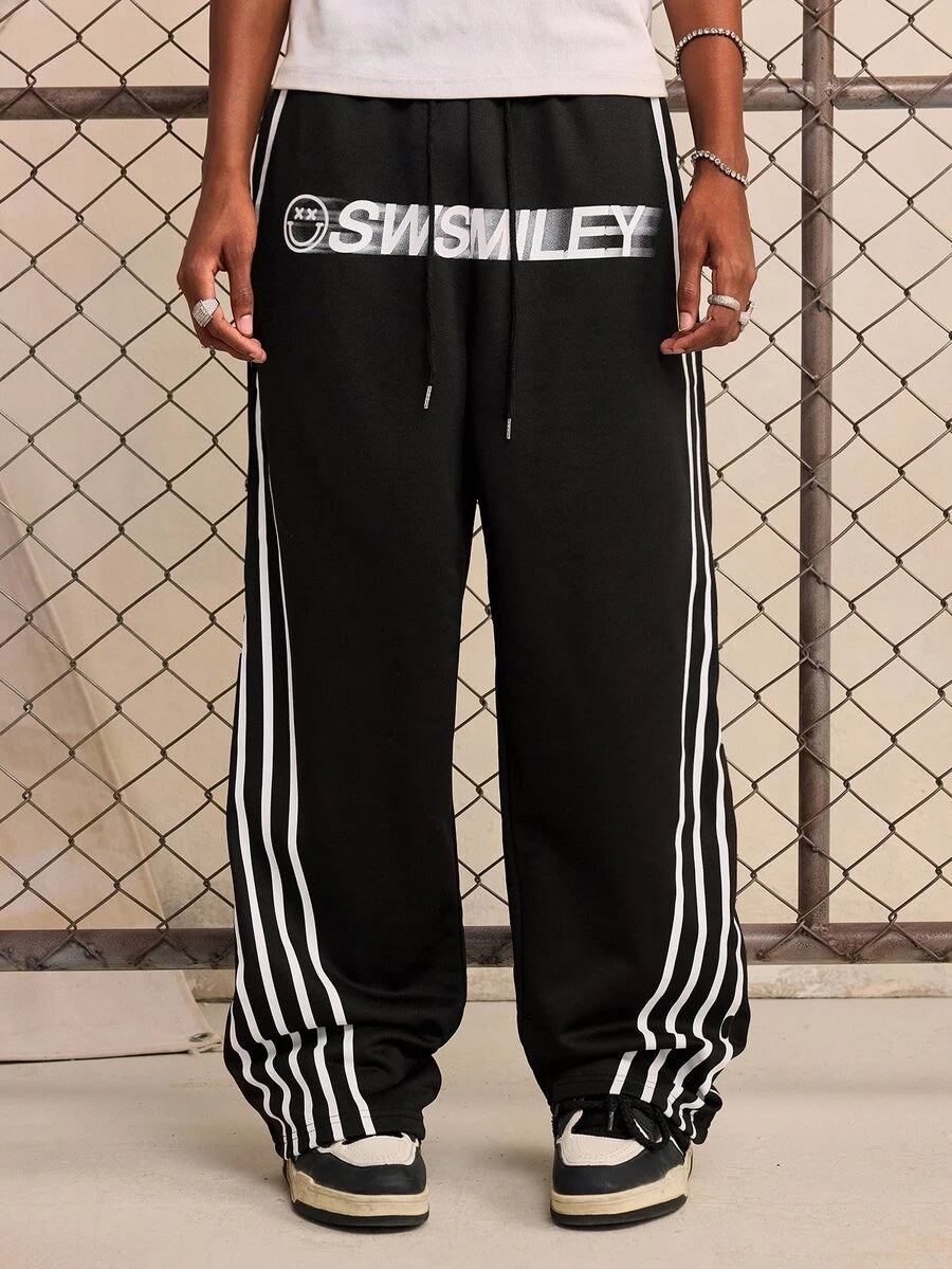 ROMWE MEN S.W.Smiley X ROMWE Men's Autumn/Winter Striped Drawstring Waist Casual Loose Sweatpants