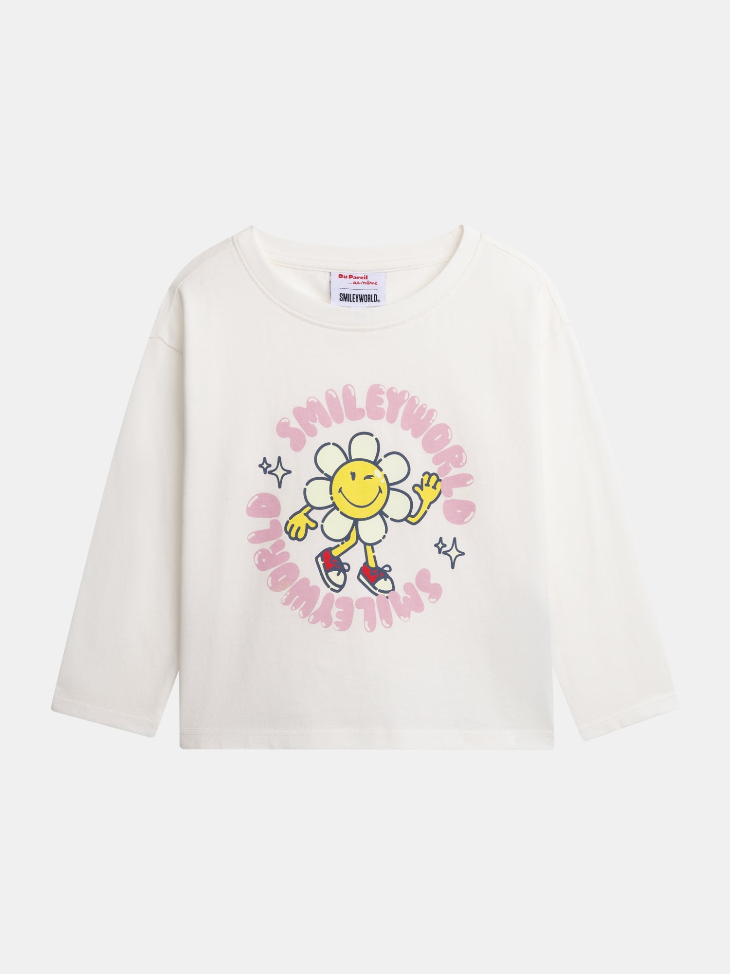 Ecru long-sleeve T-shirt with SMILEYWORLD® flower print for girls