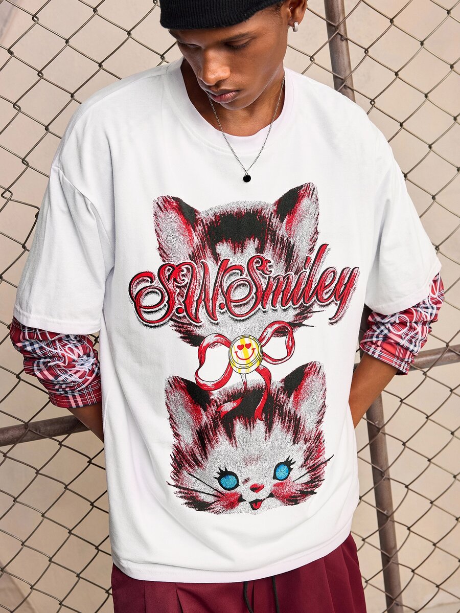 ROMWE MEN S.W.Smiley X ROMWE Men's Anime Print Short Sleeve T-Shirt, Suitable For Spring And Summer