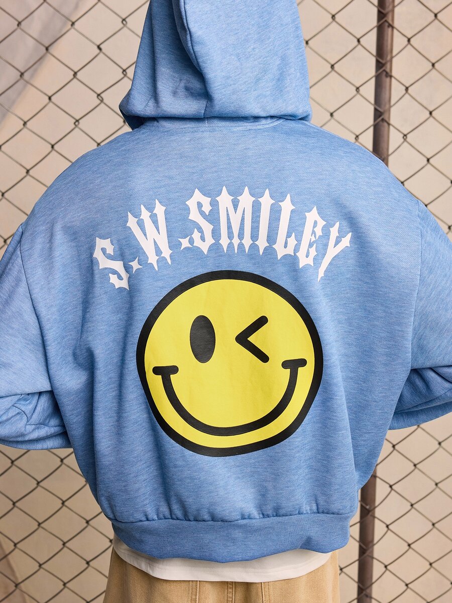 ROMWE MEN S.W.Smiley X ROMWE Men's Smiling Face Hooded Loose Fit Sweatshirt